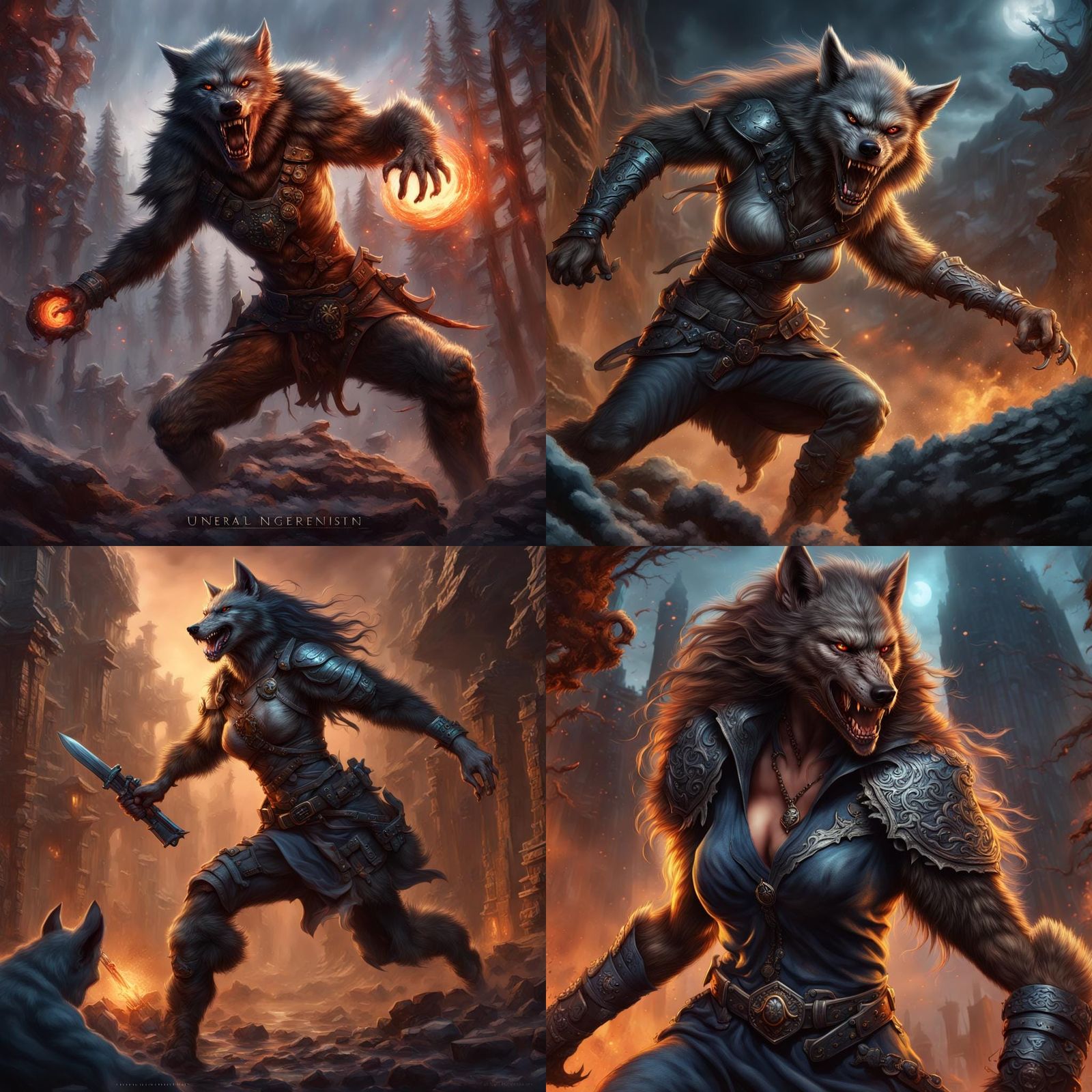 Female Werewolf in Combat: Detailed Matte Painting