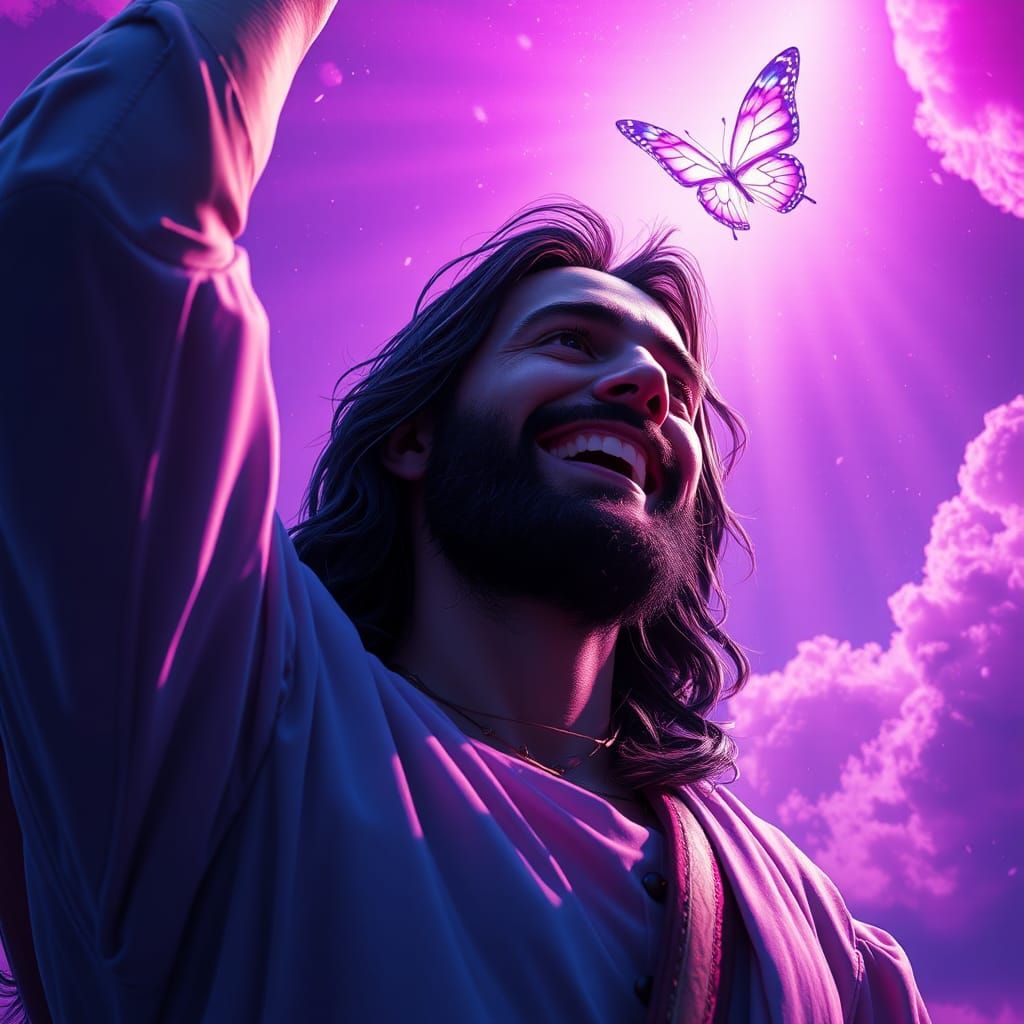 Radiant Butterfly with Jesus Portrait in Heaven's Light