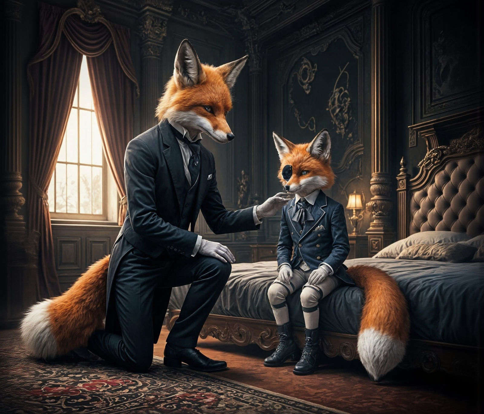 Fox Butler and Cub in 19th Century Bedroom Concept Art