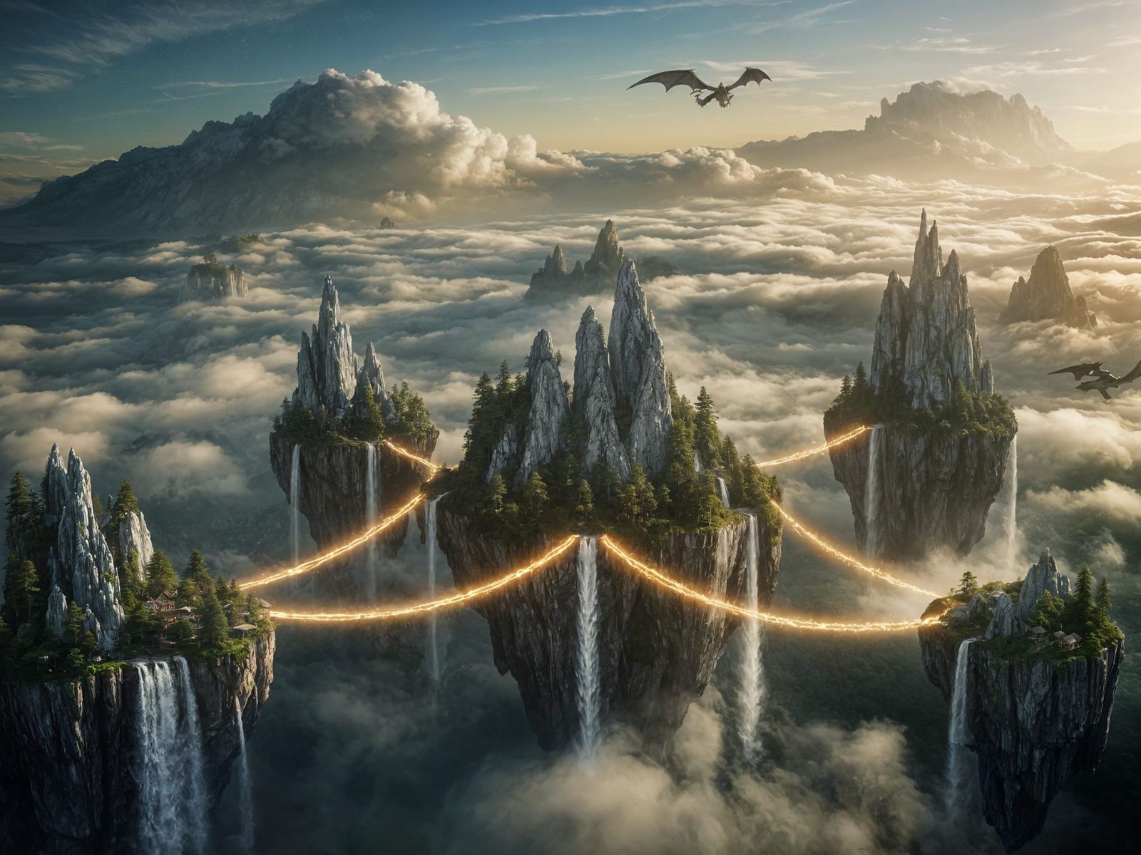 Floating Islands with Waterfalls and Dragons