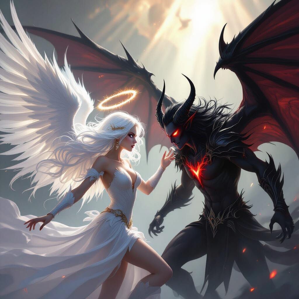 Celestial Angel Battles Demonic Warrior