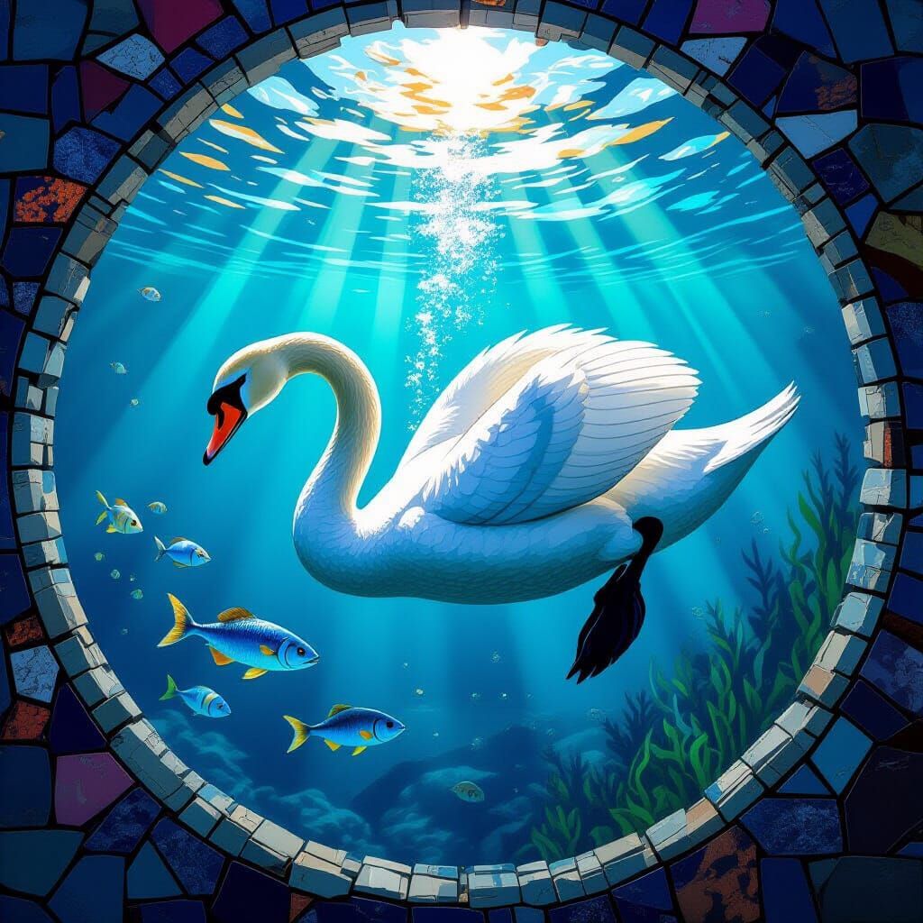 Swan Diving Underwater in Mosaic Style