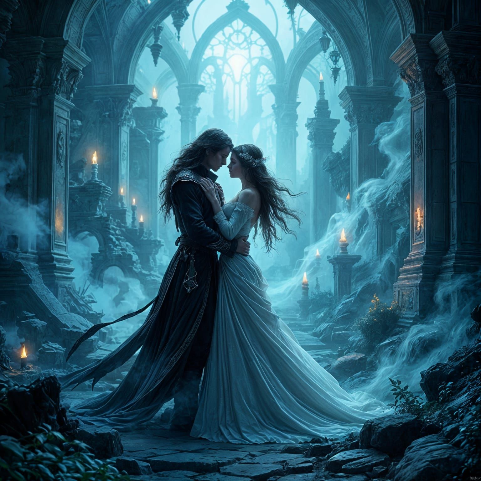 Ethereal Couple Embracing in Glowing Ruins