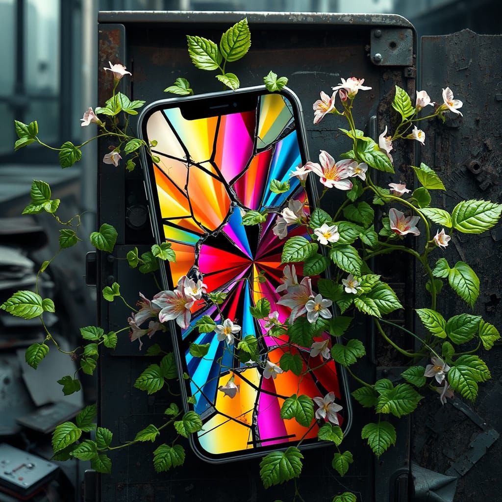 Vibrant Vines Bloom from Cracked Smartphone Screen