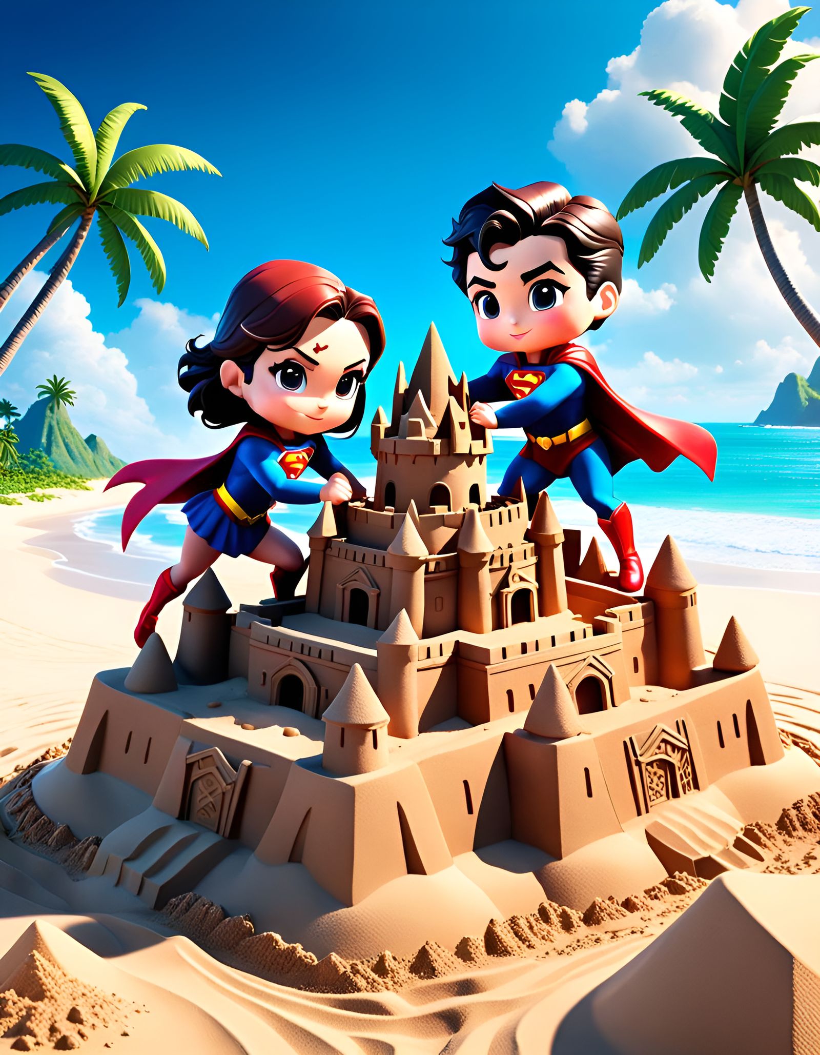 Chibi Superheroes Build Sandcastle on Paradise Beach