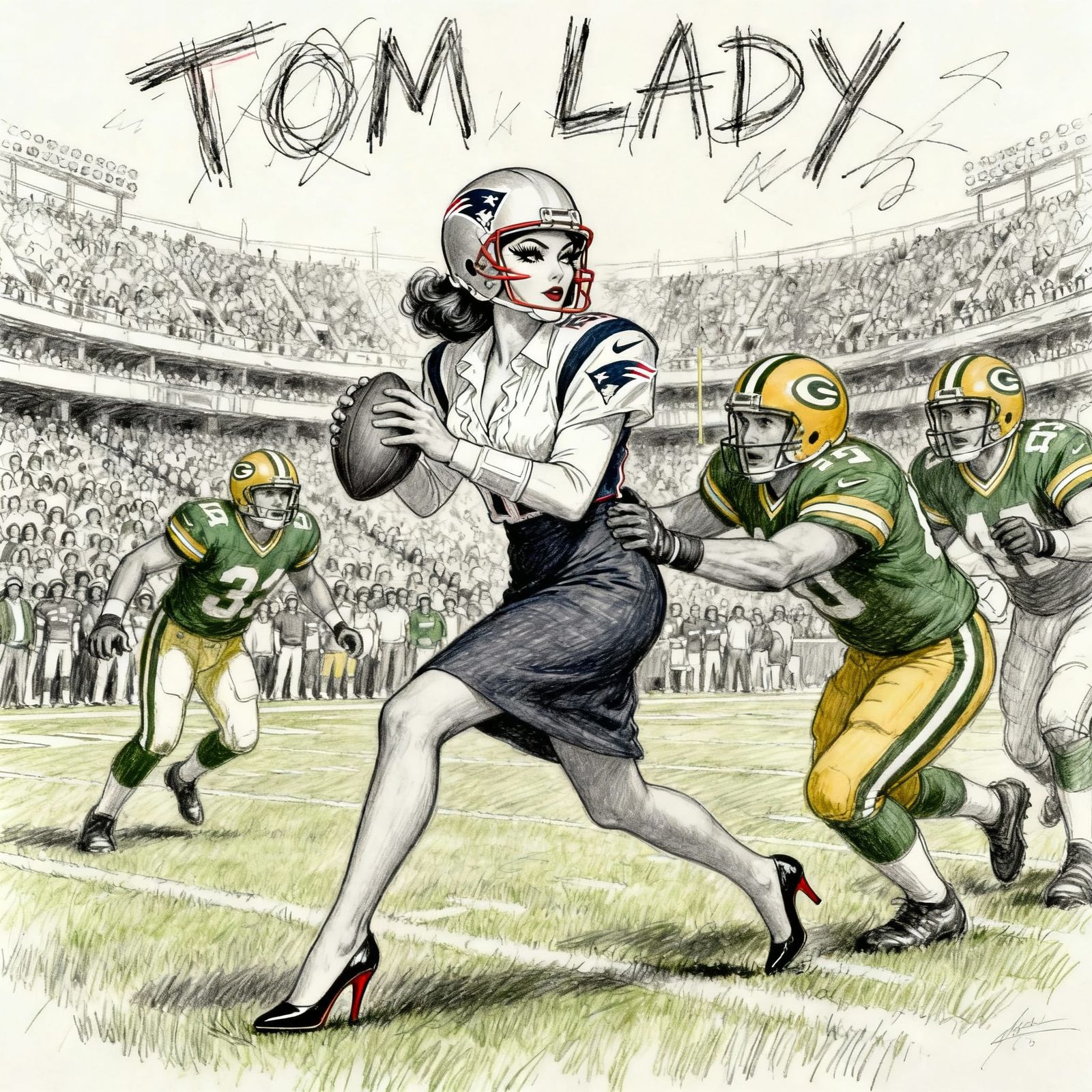 Funny Hand-Drawn Sketch of Quarterback in Ladies' Attire