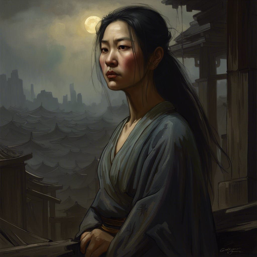Stern Asian Woman in Eastward Gaze: Gothic Horror Art