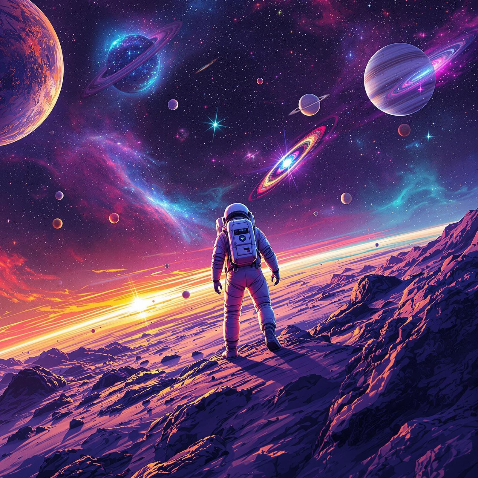 Astronaut in Starry Outerspace Scene in Digital Painting Sty...