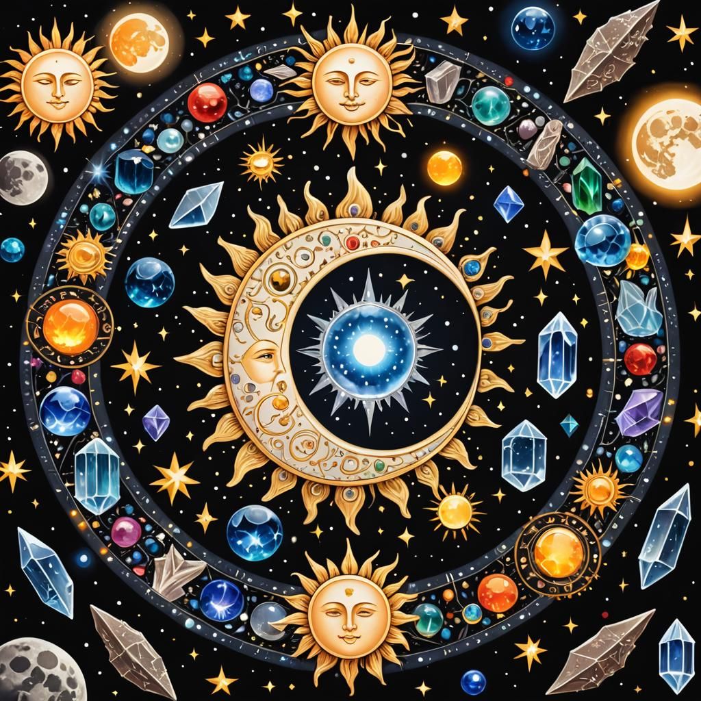 Celestial Bodies Surrounded by Crystals and Runes