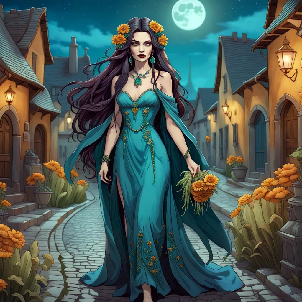 Witchy Woman Walking Under Full Moon, Fantasy Art