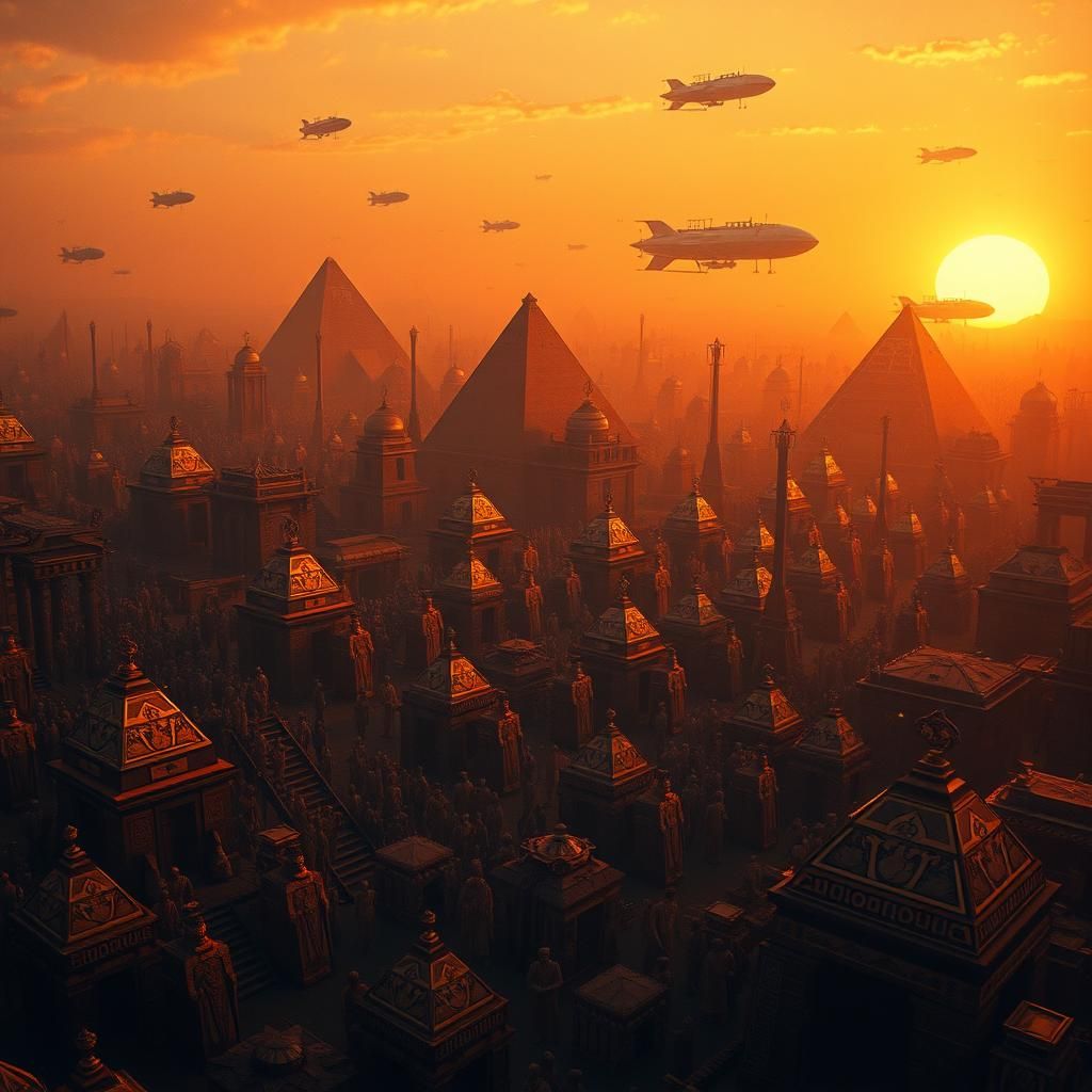 Steampunk Egyptian Necropolis at Neo-Gothic Sunrise