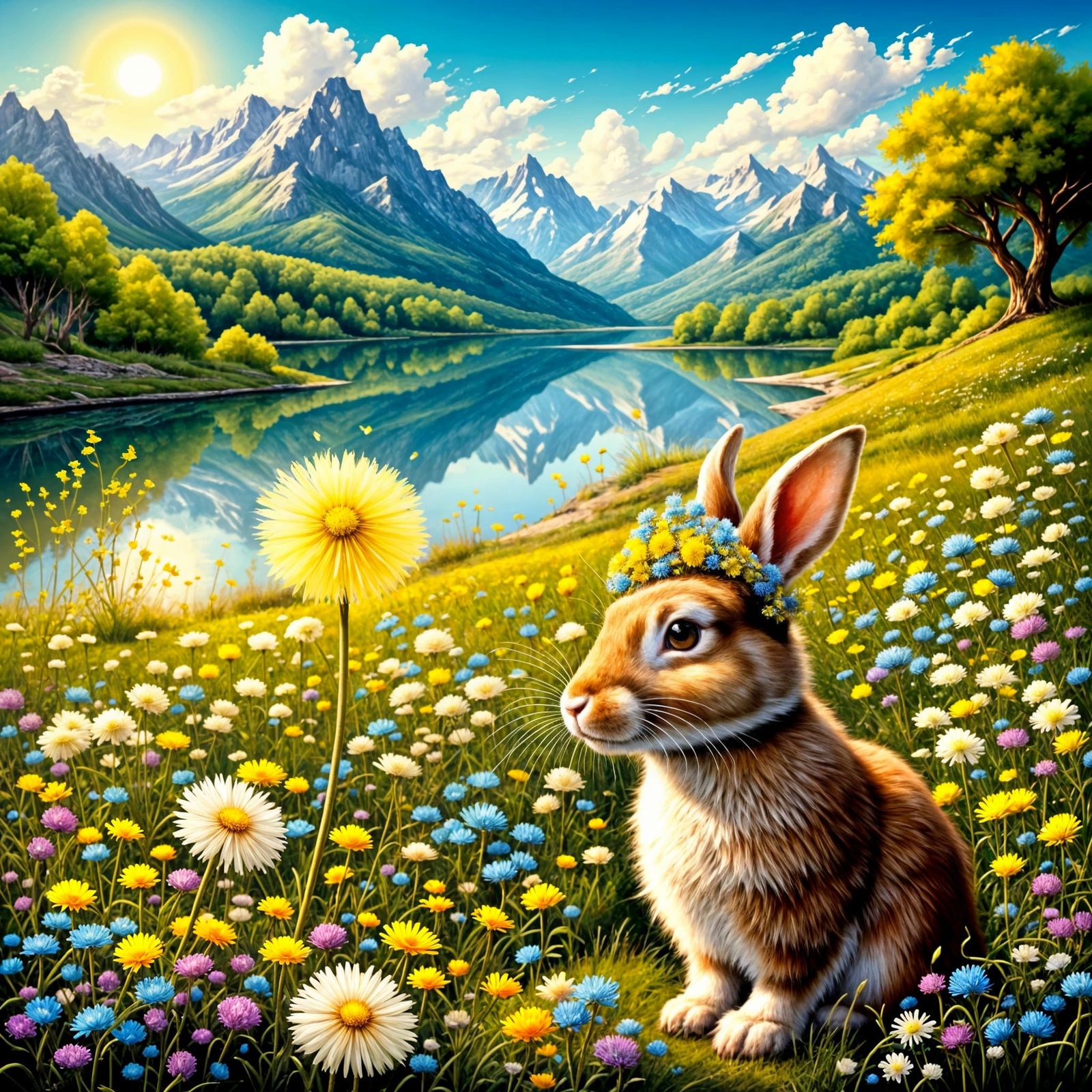 <lora:Tallbunny1-F:1.0> Rabbit, Beautiful dandelion with see...