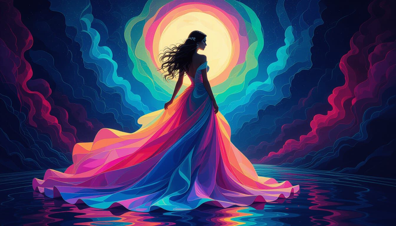 Dreamlike Lady in Liquid Neon Gown
