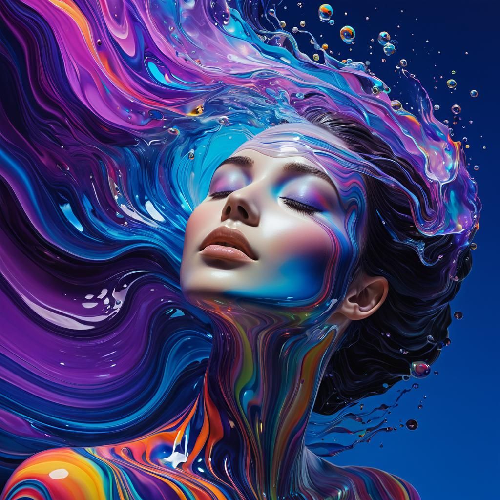 Surreal Woman Dissolving in Iridescent Liquid
