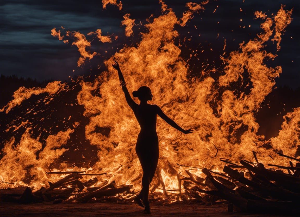 Silhouette of Dancer Before Bonfire in HDR