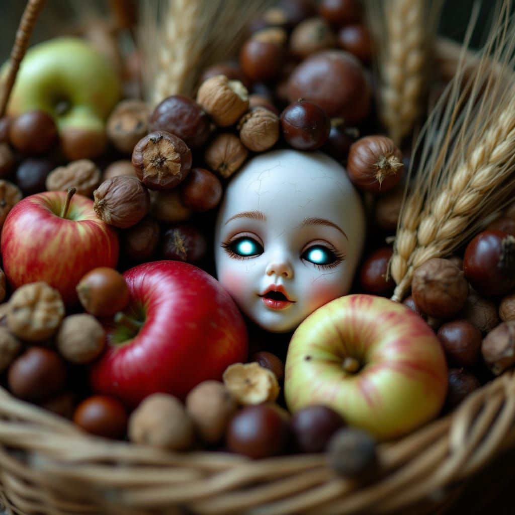 Harvest Basket with Creepy Porcelain Doll Face