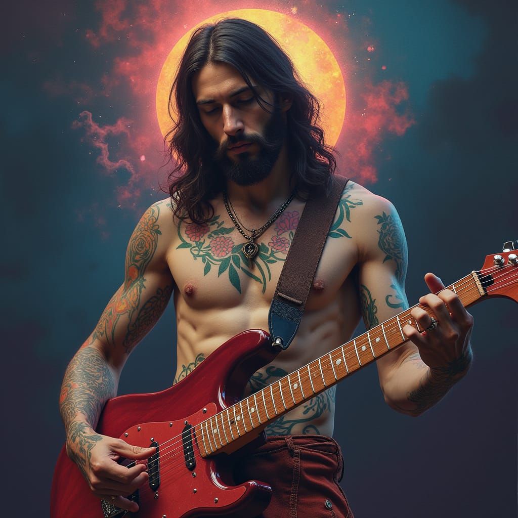 Tattooed Jesus Christ Shreds on Electric Guitar