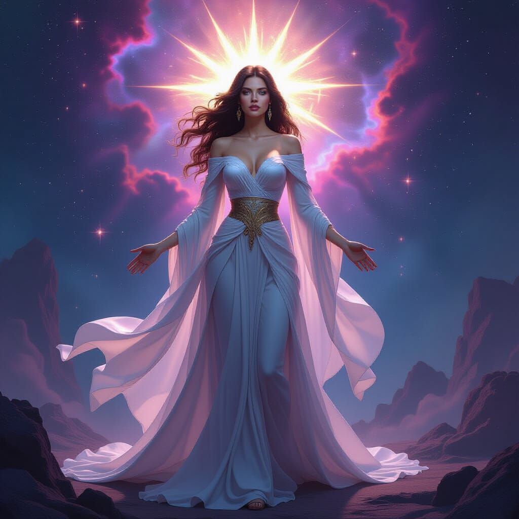 Ethereal Goddess Radiating Divine Energy in Cosmic Aura