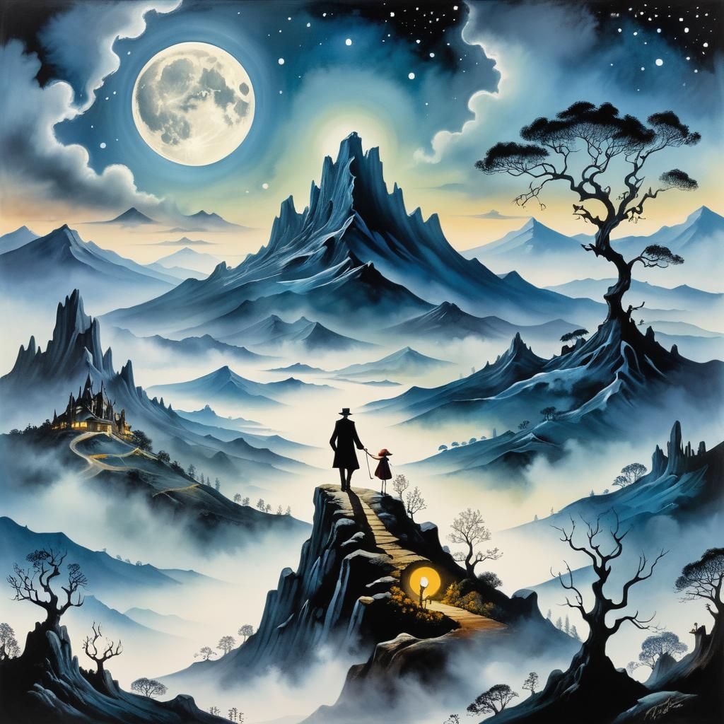 Mysterious Moon Over Misty Mountains in Surreal Style