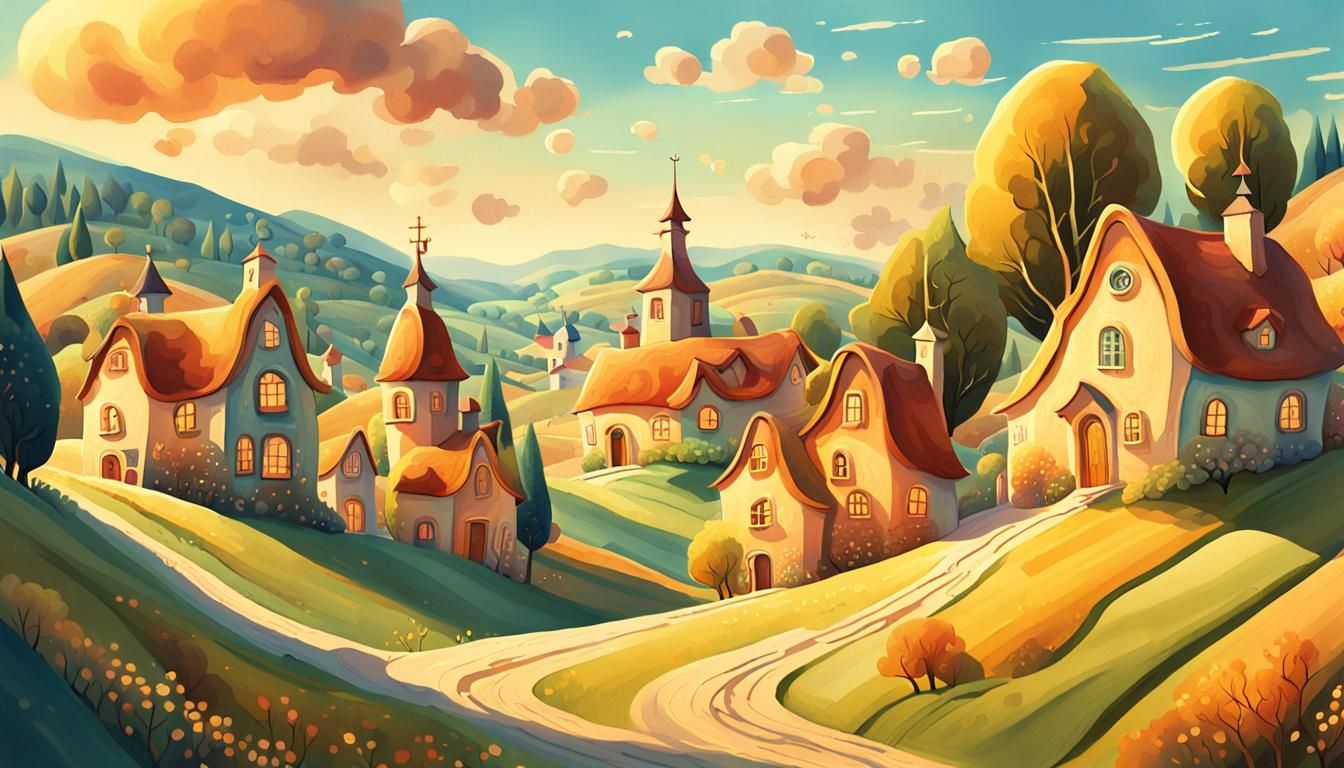 Whimsical Village Illustration in Dreamlike Style