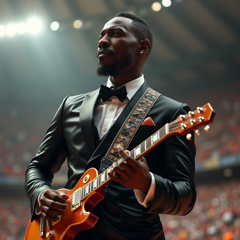 Hyperrealistic Muscular Man Playing Guitar in Stadium