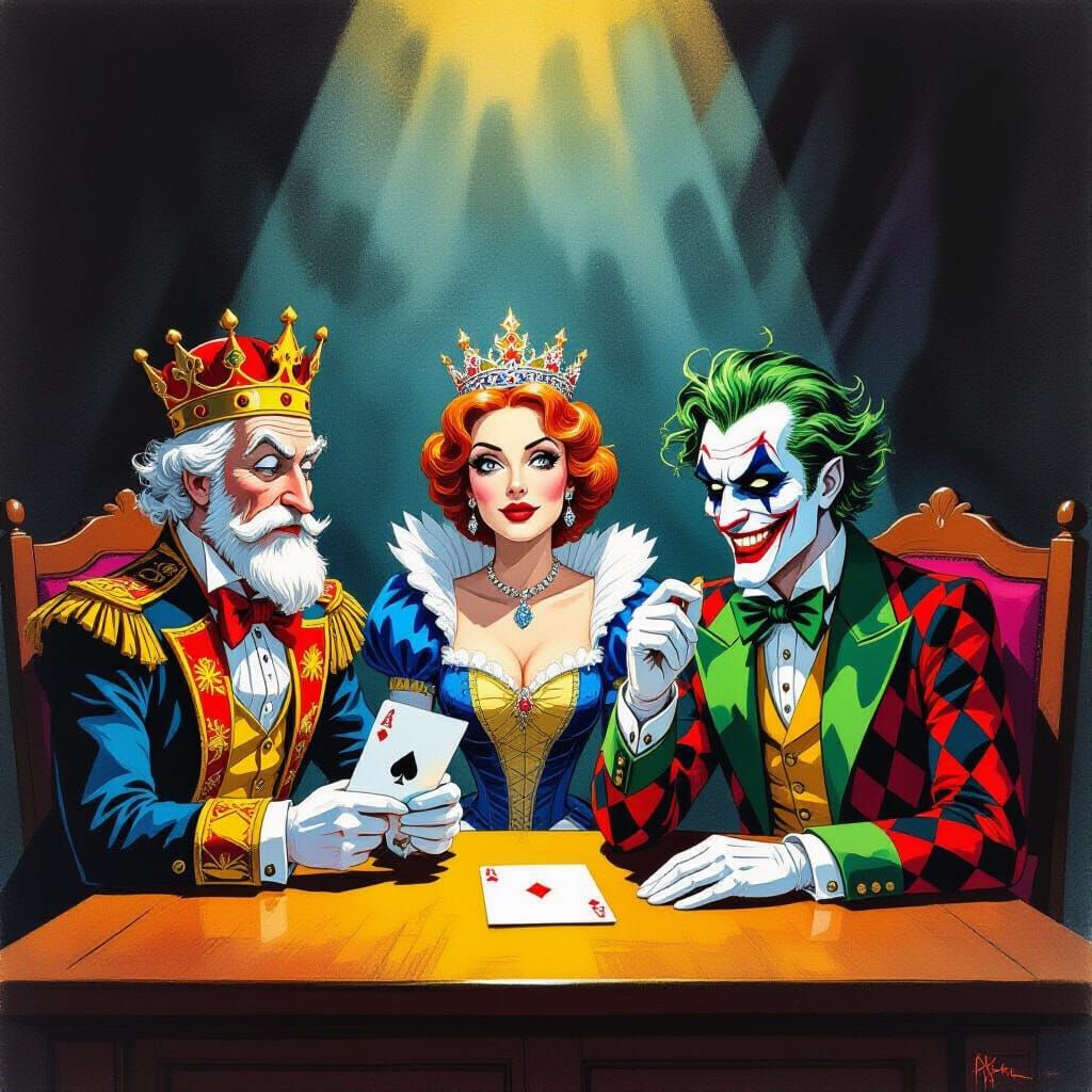Playing Card Royalty on Trial in Dramatic Gouache Painting
