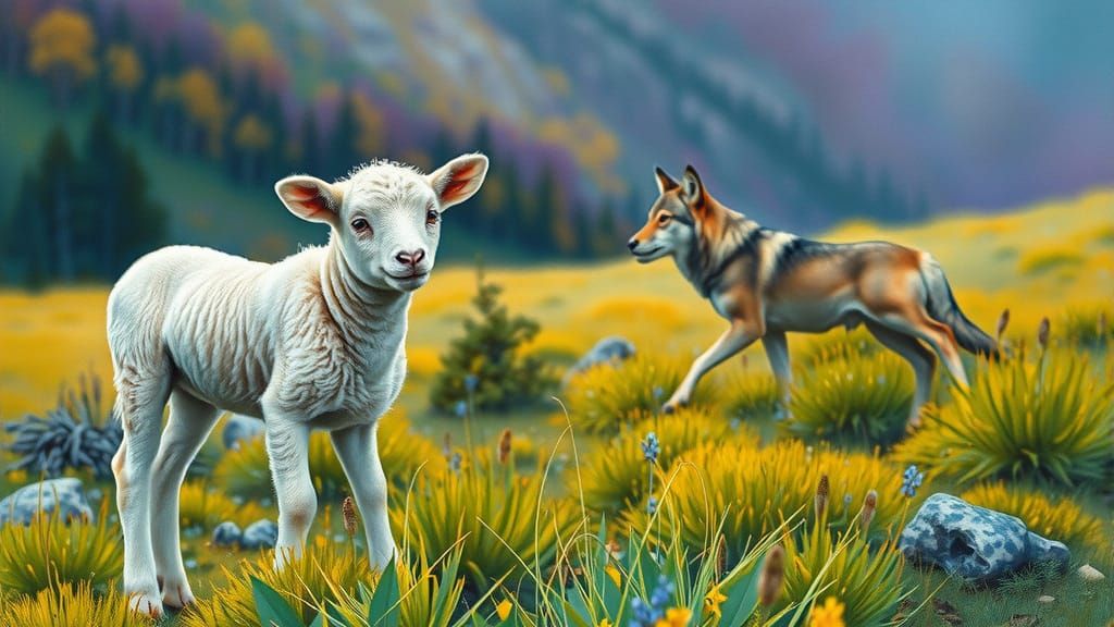Lamb and Wolf in Montana Meadow, Alcohol Ink