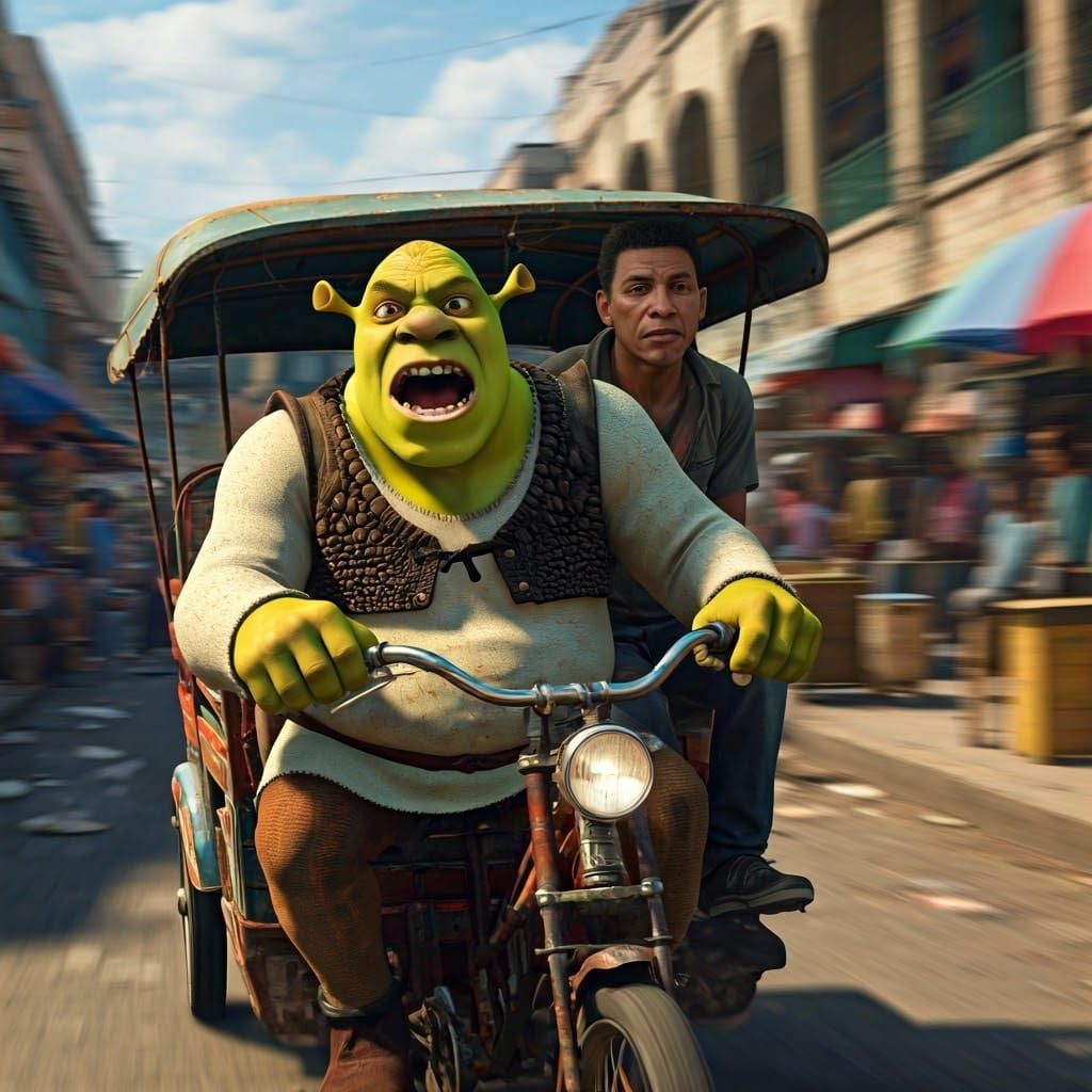 Shrek's Furious Taxi Ride Through a Chaotic Market