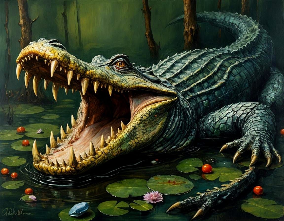 Ferocious Alligator in Haunted Swamp, Acrylic Pour