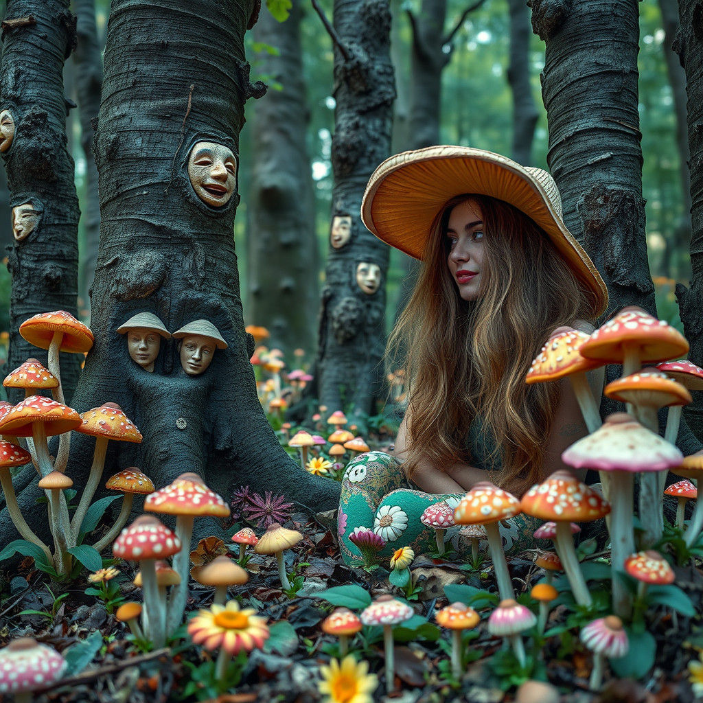 Whimsical Forest Scene with Talking Trees and Flowers