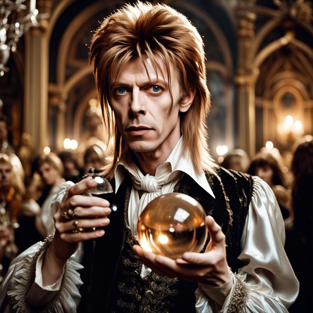 Young David Bowie as Jareth from Labyrinth holding a glass o...
