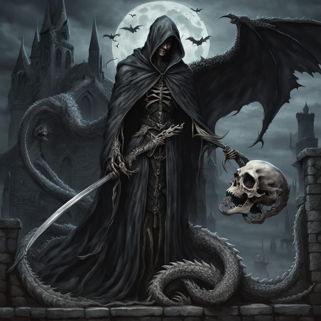 Gothic Grim Reaper and Dragon Fantasy Artwork