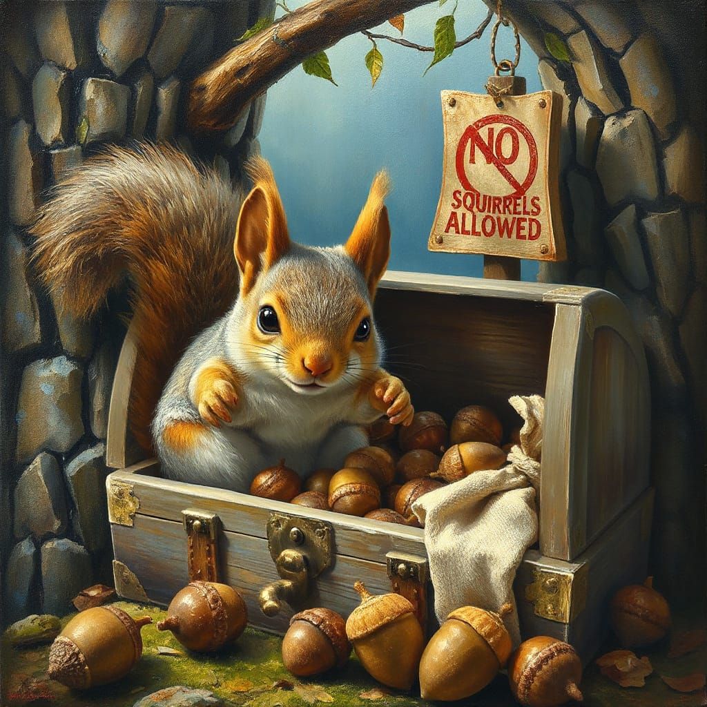 Mischievous Squirrel Stealing Acorns near Castle