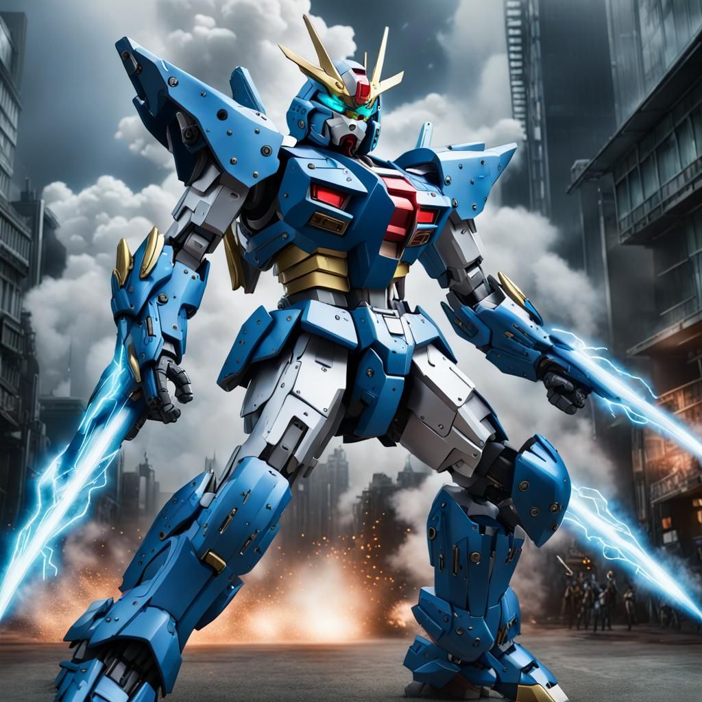 Full body , portrait art of 8k ultra realistic Azure Wolf GUNDAM fighting against a Kaiju monster, cinematic lighting, ...