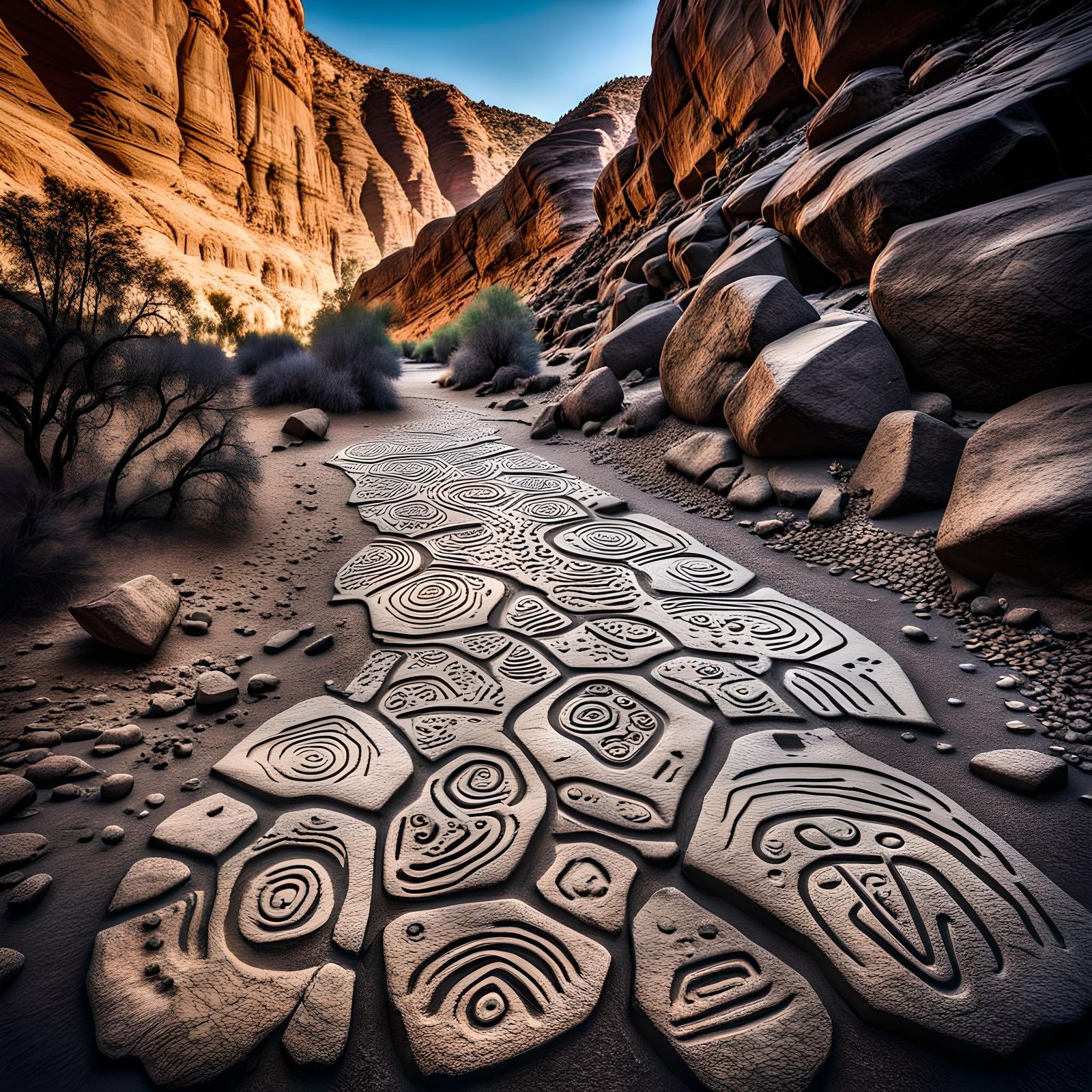 Hyperrealistic Petroglyphs in Shady Desert Canyon