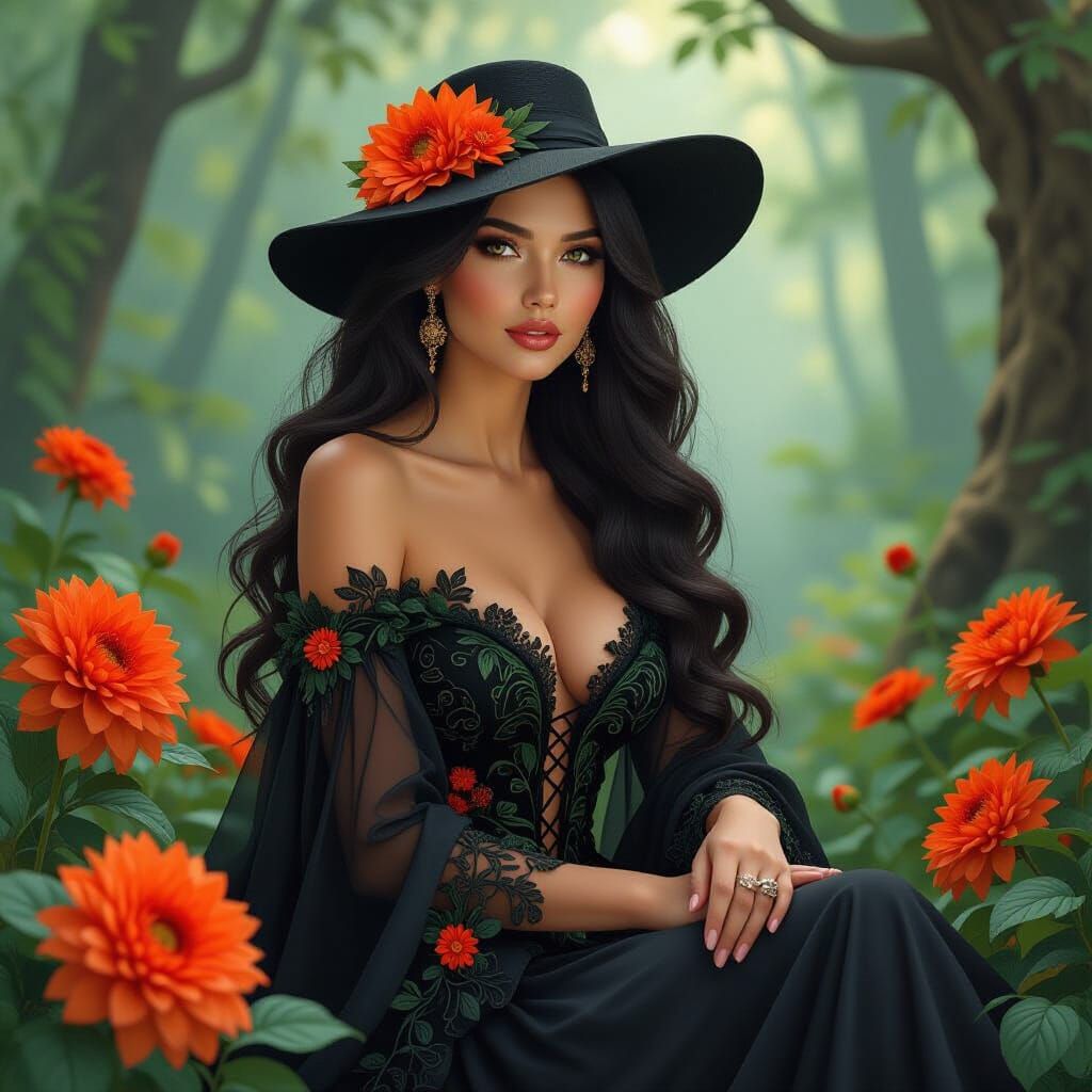 Elegant Woman in Forest, Art Nouveau Style