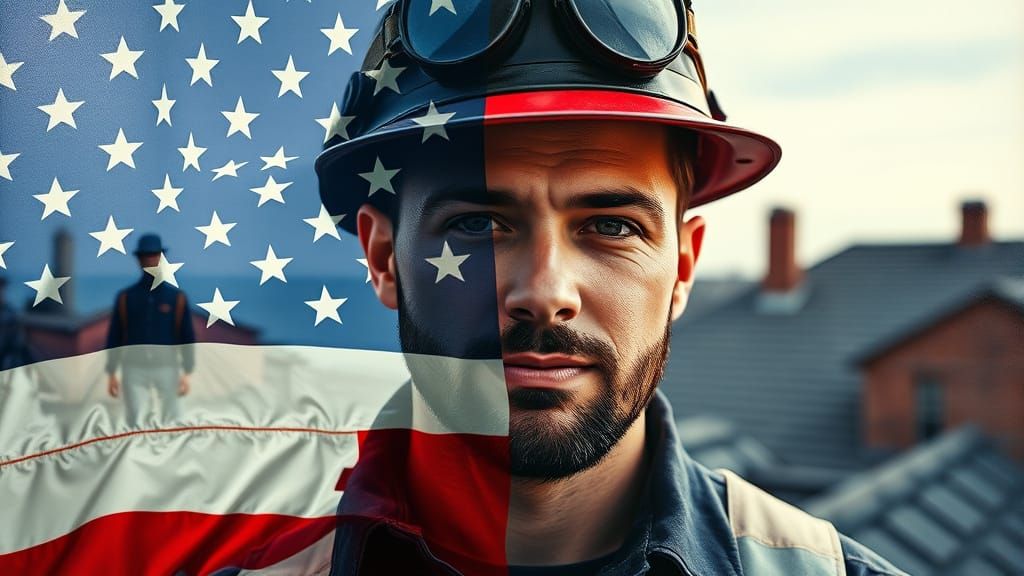 Patriotic Roofer Oil Painting in Double Exposure Style