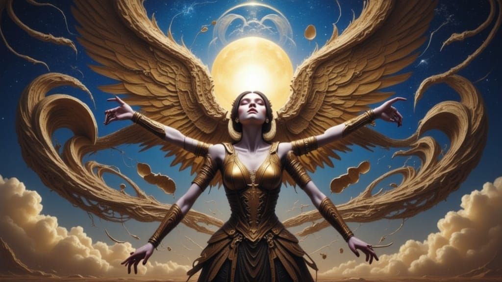 Figure Reaching for Celestial Sky in Ethereal Glow