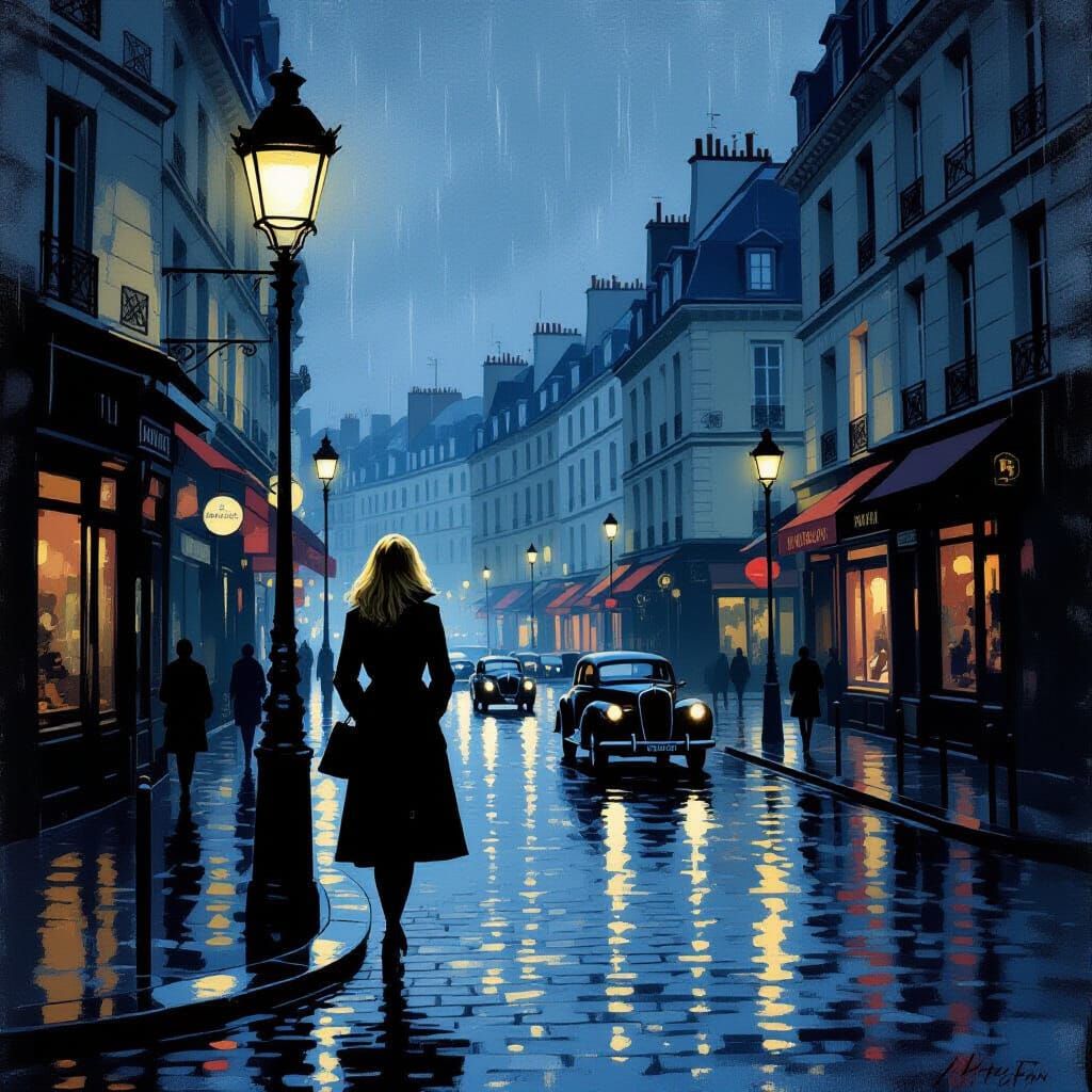1960s Paris Twilight Scene with Woman Under Streetlamp