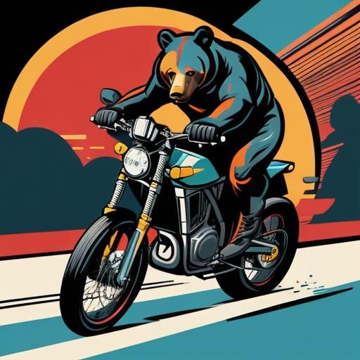 Bear Chasing Bicyclist: Colorful Vector Art Poster