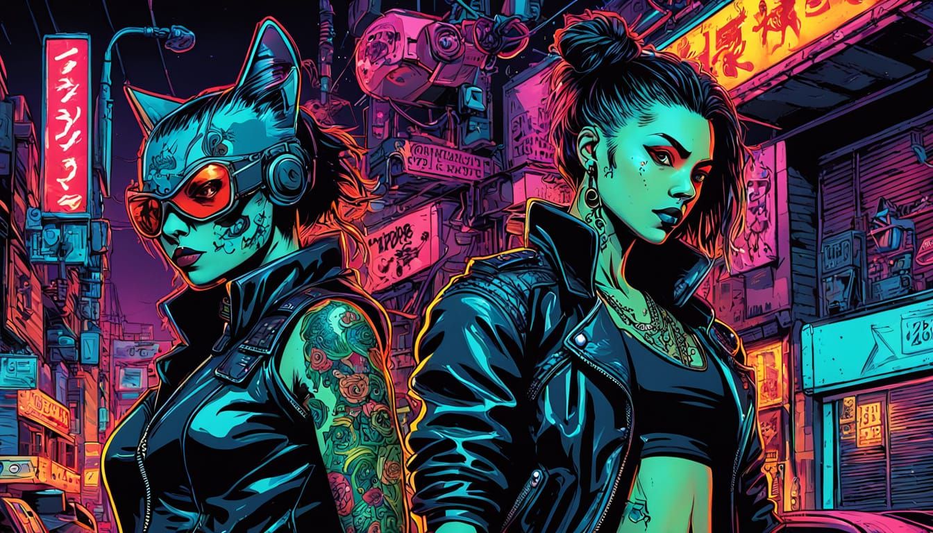 Cyborg Cat and Vampire Bounty Hunters in Cyberpunk Comic Art