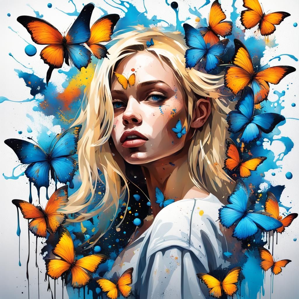 Blonde Girl with Blue Butterflies in Graffiti Art