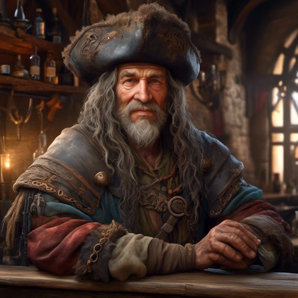 Hyperrealistic Medieval Merchant in Inn Bar Room