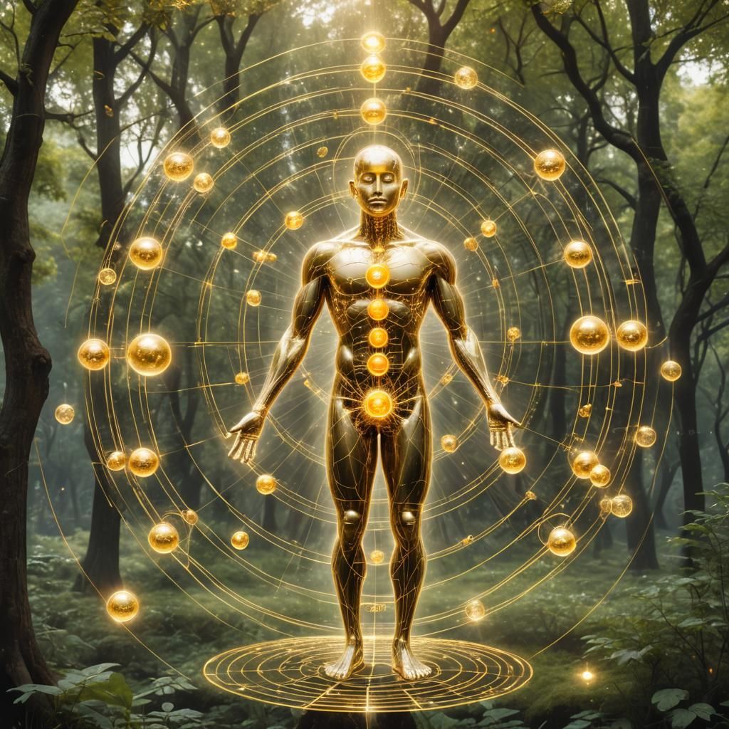 Golden Human Navigating Magic Energy Grid