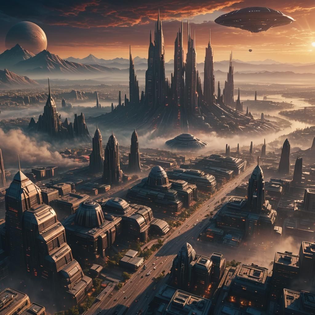 Alien Cityscape at Sunset: Digital Matte Painting