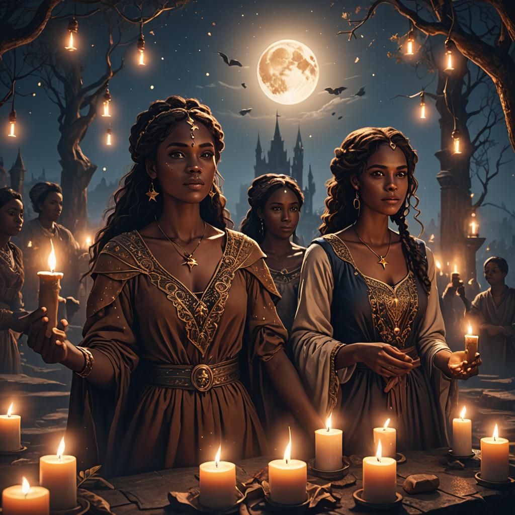 Moonlit Woman Surrounded by Stars and Candles