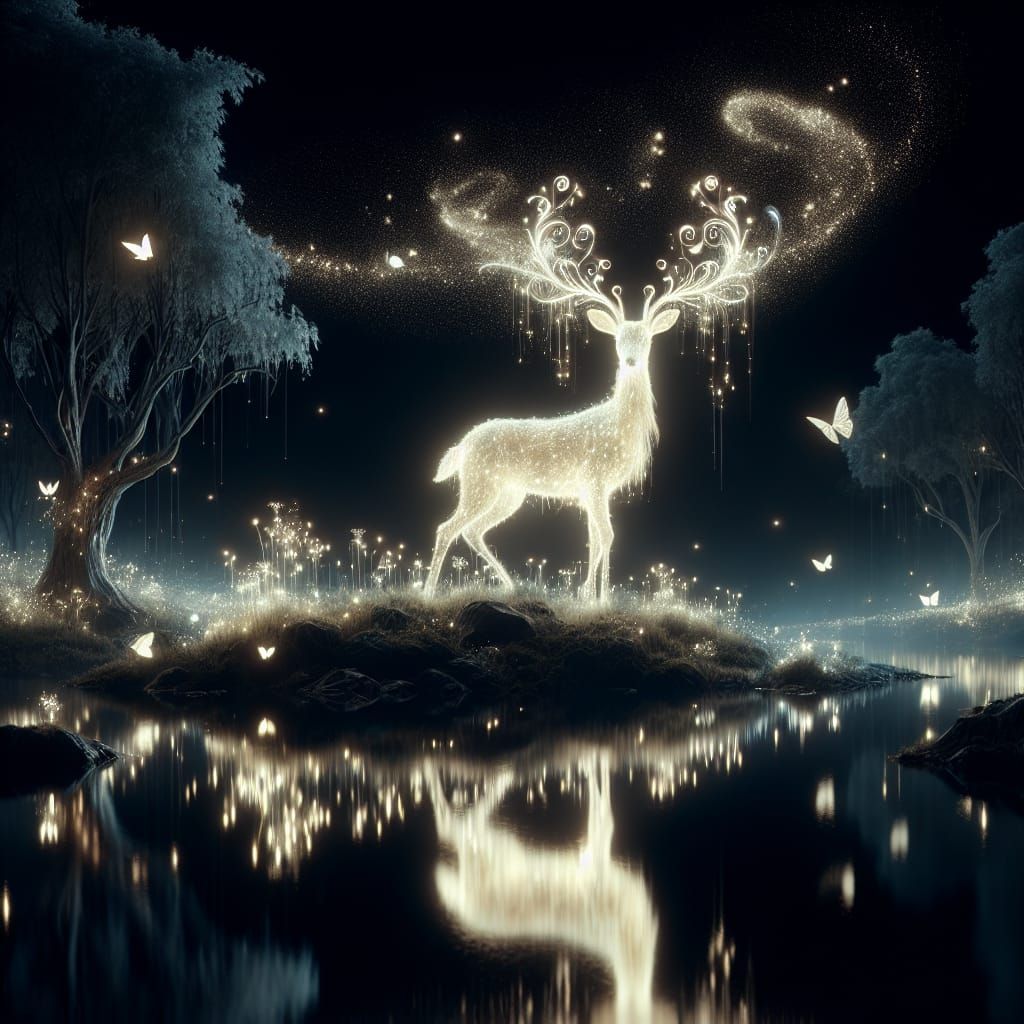 Enchanted Bioluminescent Deer in Hypermaximalist Forest