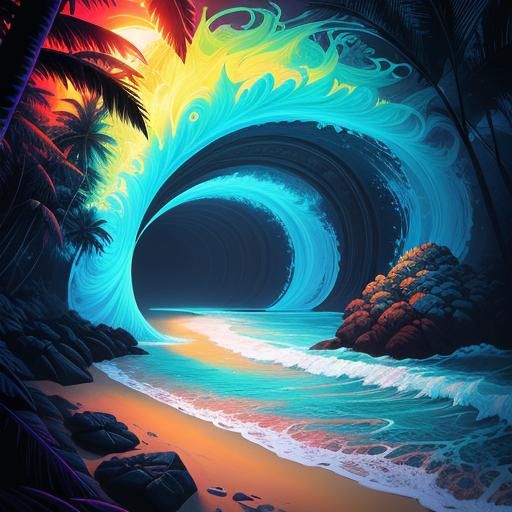 Blacklight Tropical Beach Scene: Hyperdetailed Digital Art