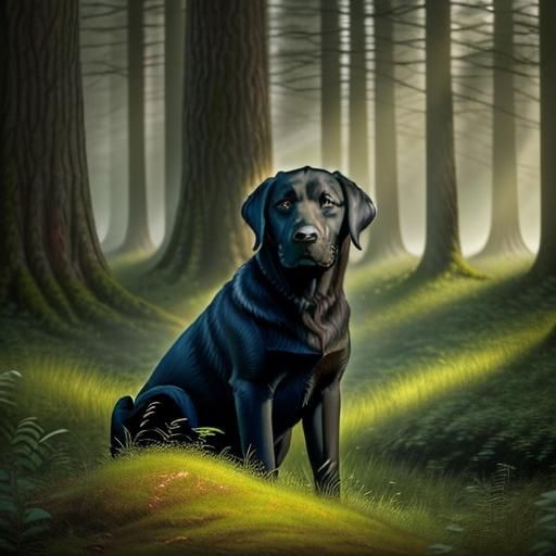 Hyperrealistic Black Labrador in Enchanting Forest