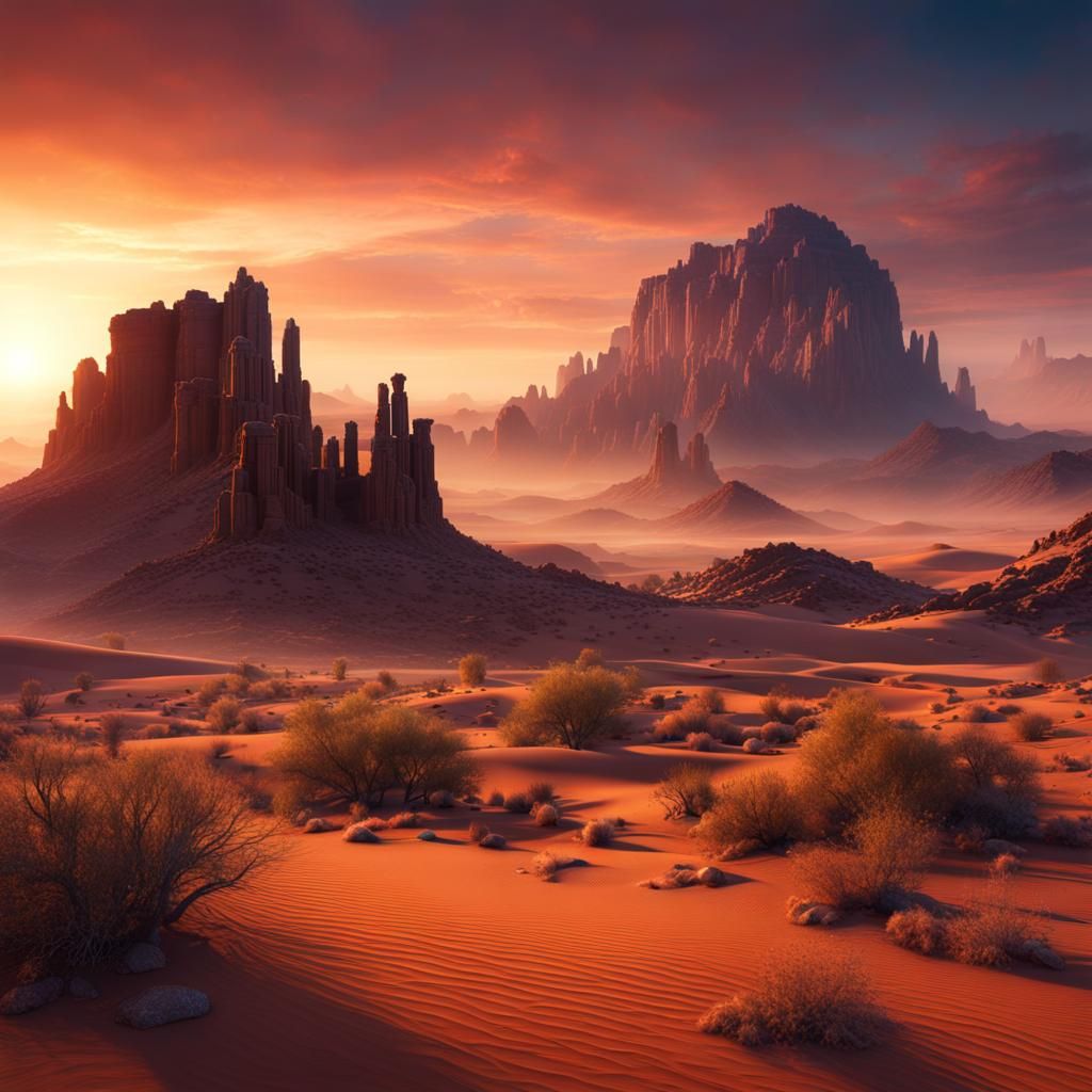 Fantastical Desert Sunrise in Detailed Matte Painting